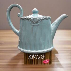 Vintage Burton & Burton Porcelain Teapot Blue & Grey Scrolls 8.5” x 6”